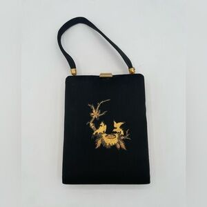 Vintage Retro Small Cosmetic Bag Purse Black Fabric With Gold Appliqué 1960s